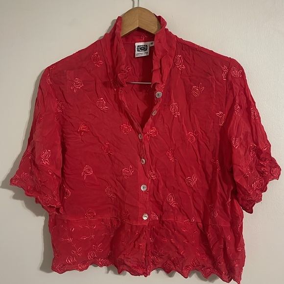 Johnny Was Tops - Vintage JOHNNY WAS Women Blouse Tunic Boho Peasant Floral Embroidered Red M